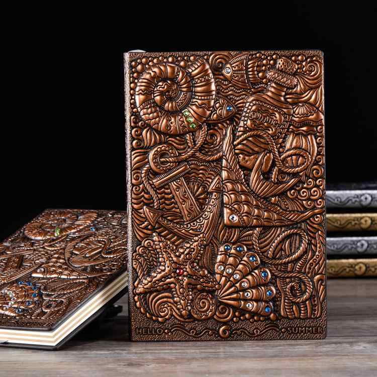 ノート マリン ハンドメイド PUレザー A5サイズ 欧風 レトロ調 日記帳 手帳 無線綴じ 上質紙 厚手 赤茶色 アンティークゴールド シルバー ギフト 記録...