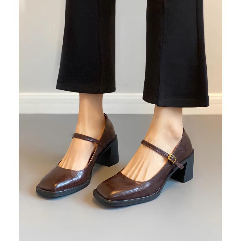 パンプス レディース メリージェーン 太ヒール ハイヒール 羊革アッパー 浅口 スクエアトゥ ワンストラップ バックル 静音設計 ヒールアップ 通気性 消臭 耐...