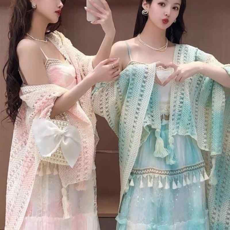 ショール 絞り染め エスニック レトロ ヴィンテージ フリンジ レース 切り替え 羽織り 春夏秋 旅行 リ..