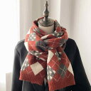 マフラー レディース 秋冬 アクリル ニット 大判 ロング チェック柄 アーガイル柄 赤 緑 配色 保温 防寒 あったか 韓国風 日系 カジュアル スクール風 ...