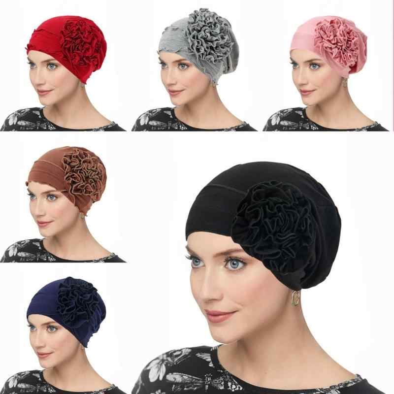 ターバンキャップ レディース 医療用帽子 大きな花 フラワーモチーフ 単色 無地 ストレッチ 伸縮性 通..