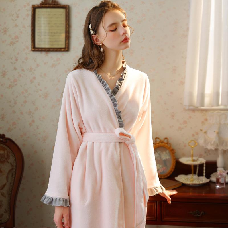 ルームウェア レディース 女性用 フリース バスローブ ガウン ナイトウェア パジャマ 厚手 あったか 保温 ロング丈 Vネック かわいい ..