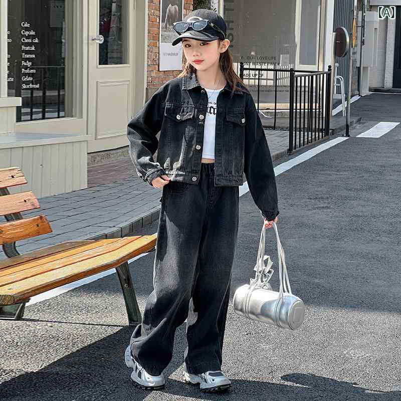 デニム ジーンズ セットアップ 女の子 ジュニア キッズ グラデーション ワイドパンツ 2点セット おしゃれ カジュアル ゆったりシルエット コットン 柔らかい肌触り 普段着 通学服 春秋 2