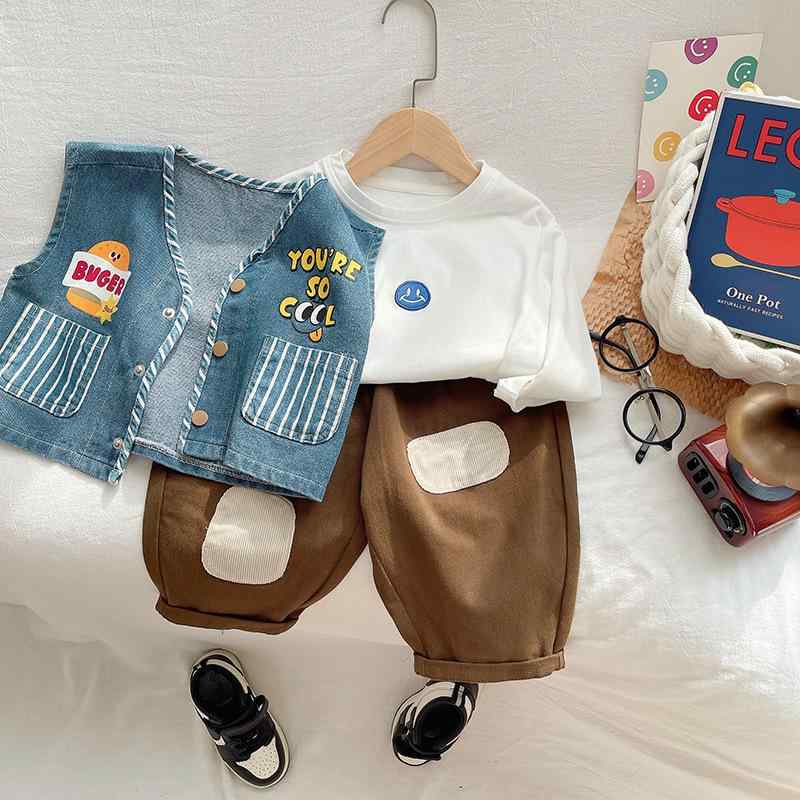 ベスト 男の子 幼児 春秋 デニム ハンバーガー柄 プリント ノースリーブ かわいい 韓国風 カジュアル ..