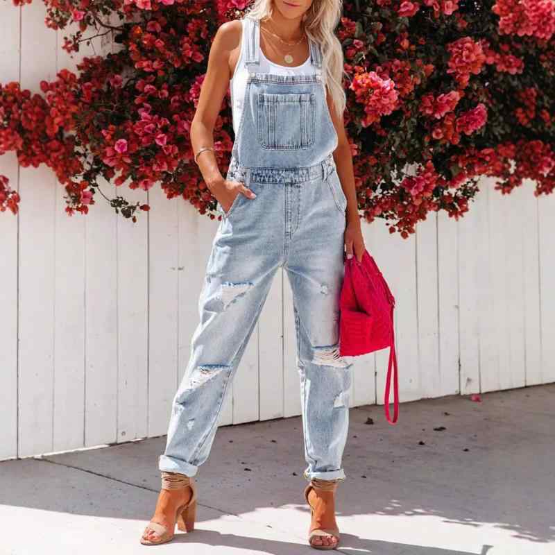 楽天花りぼんサロペット レディース デニム テーパード ライトブルー ダメージ加工 ウォッシュ加工 ゆったり カジュアル ストリート 普段使い 春夏 ロングパンツ 綿 ポリエステル