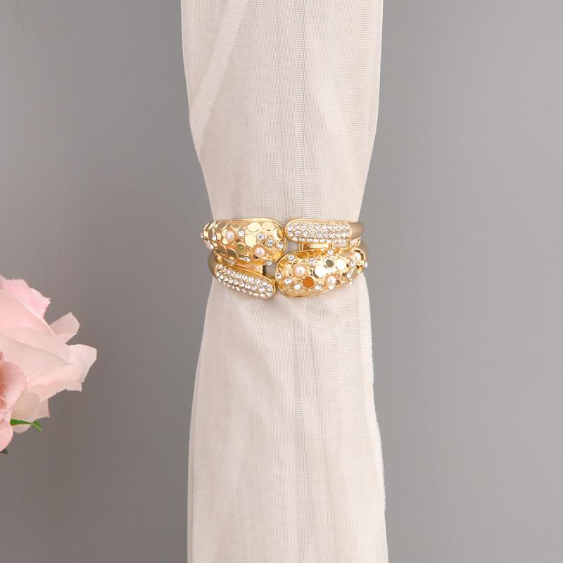 カーテンタッセル 穴あけ不要 スプリング式 合金製 ゴールド ジルコニア パール装飾 モダン シンプル 高級感 エレガント 上品 インテリア クリップ 留め具