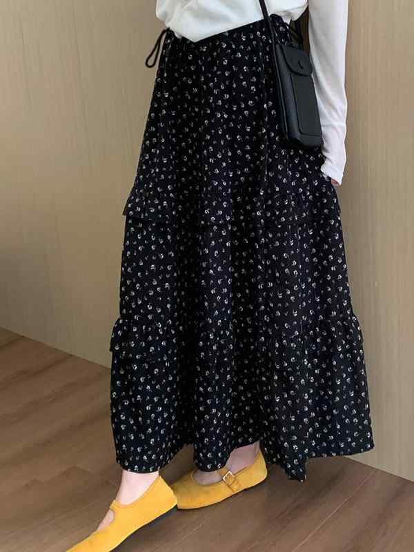 スカート マタニティ 春夏 小花柄 ティアードスカート ロング丈 ドローストリングウエスト 体型カバー ..