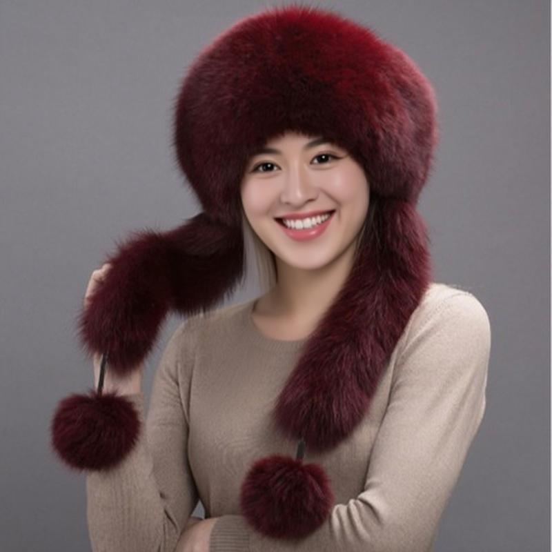 帽子 レディース 耳当て付き エコファー フォックスファー調 ラウンドトップ ロールアップブリム 防寒 ..