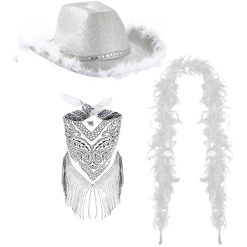 帽子 カウボーイハット メンズ レディース ウエスタンハット 3点セット 広つば シルバー ゴールド ラメ グリッター フリンジ フェイクラインストーン バンダナ ネックウォーマー 日よけ 通気性 アクリル アウトドア レジャー