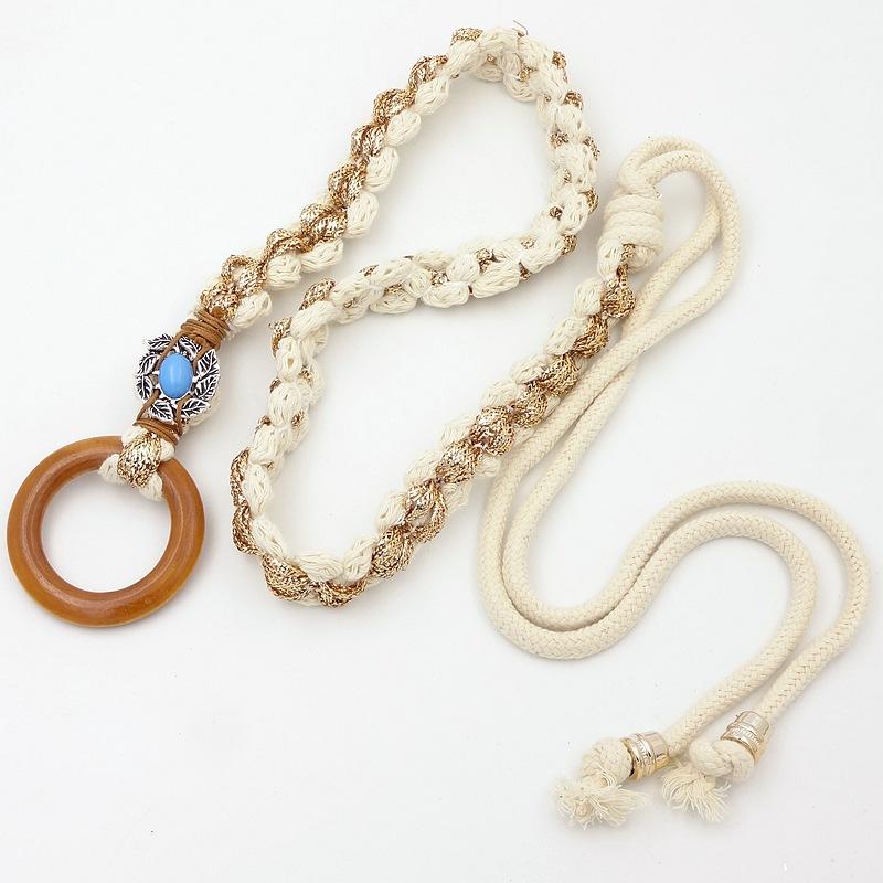 ベルト レディース 編み込み ウッドバックル 金糸 ボヘミアン エスニック コットンロープ ウエストチェーン ワンピース用 飾りベルト フェミニン カジュアルスタイル(x2)
