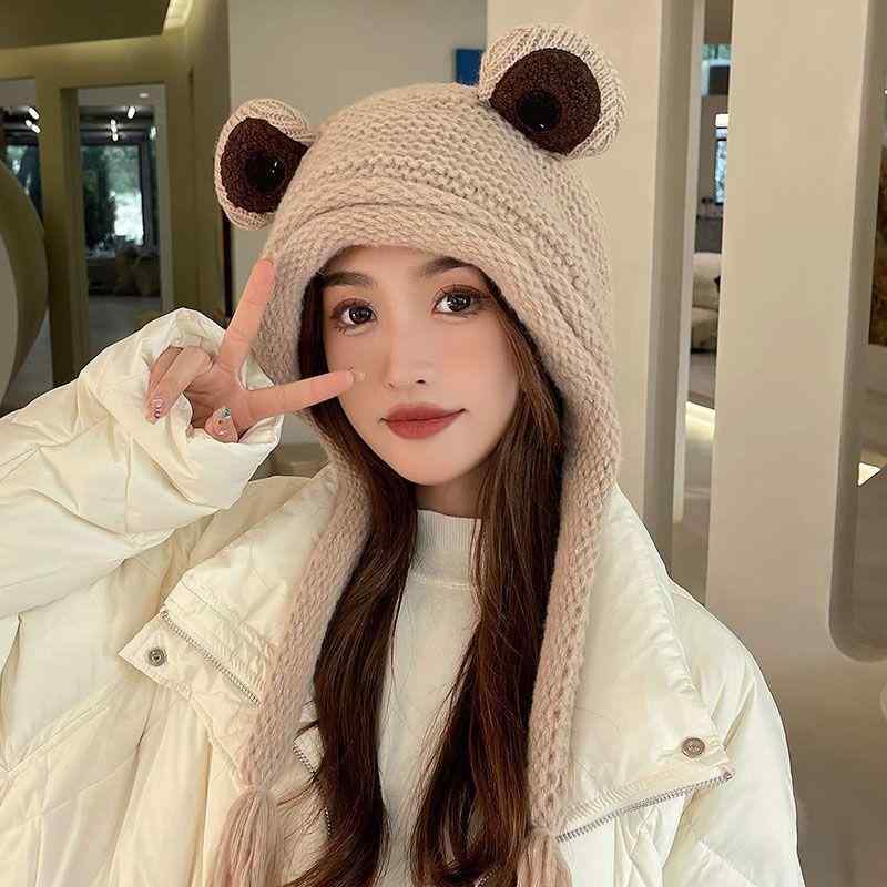 帽子 ニット帽 レディース 女性用 カエルモチーフ かわいい 耳あて付き キャップ 保温 防寒 防風 もこもこ 秋冬 学生 通学 普段使い カジュアル おしゃれ