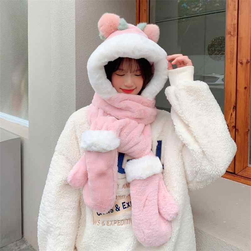 ニット帽 マフラー 手袋 レディース 3点セット かわいい 韓国風 一体型マフラー ふわふわ 保温 防寒 あったか 秋冬 普段使い お出かけ 通勤 通学(x2)