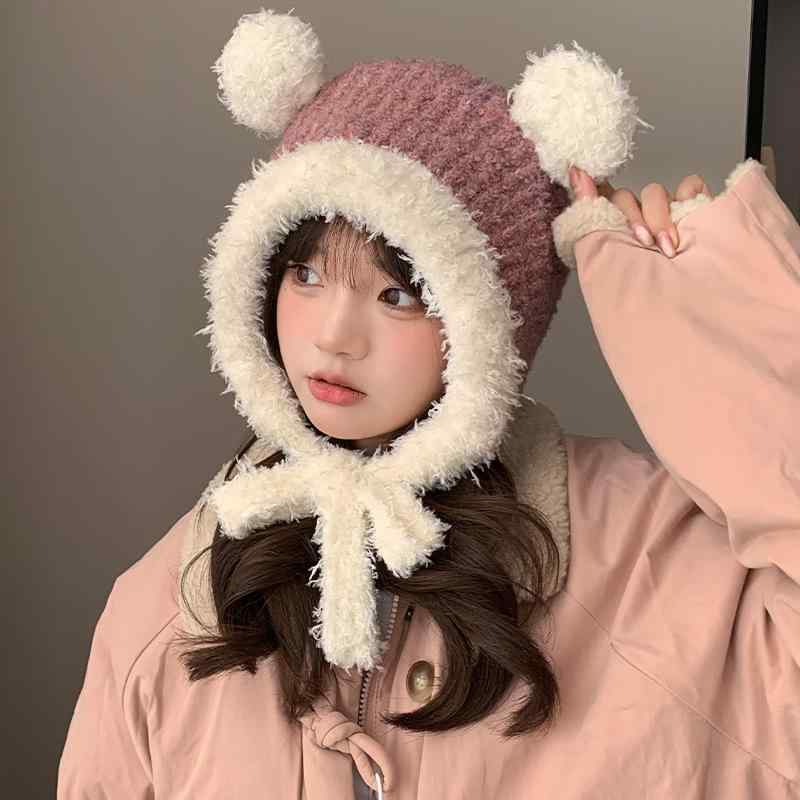 フライトキャップ レディース くま耳 秋冬 韓国風 かわいい 厚手 ボア 防寒 もこもこ サイクリング あったか ブラック ベージュ ピンク ポリエステル 普段使い アウトドア(x2)