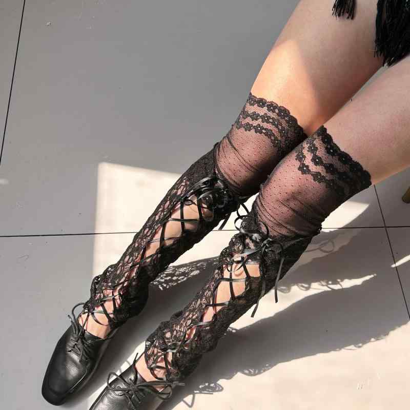 レッグウォーマー レディース フィッシュネット 網タイツ レース シアー 透け感 ダメージ加工 編み上げ..