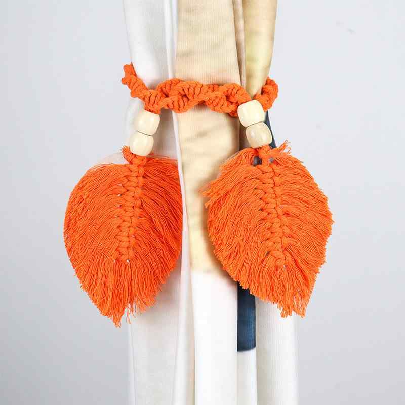 カーテンタッセル ボヘミアン エスニック 手編み ハンドメイド コットンロープ ウッドビーズ リーフ 葉っぱモチーフ フリンジ 北欧スタイル ナチュラルカラー おしゃれ インテリア 窓飾り