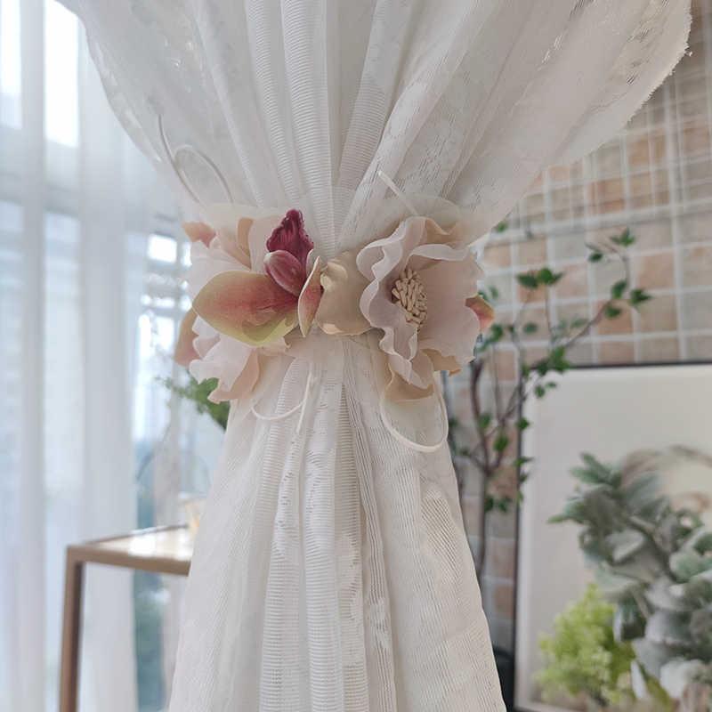 カーテン マグネットタッセル 花モチーフ 高級感 オーガンジー 吸着フック 留め具 布製 窓辺デコレーシ..