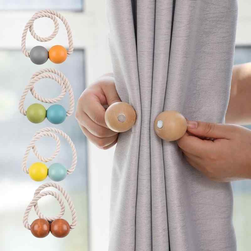 カーテンアクセサリー マグネット式 タッセル ホルダー フック ウッドビーズ 木製 磁石 窓飾り かわい..