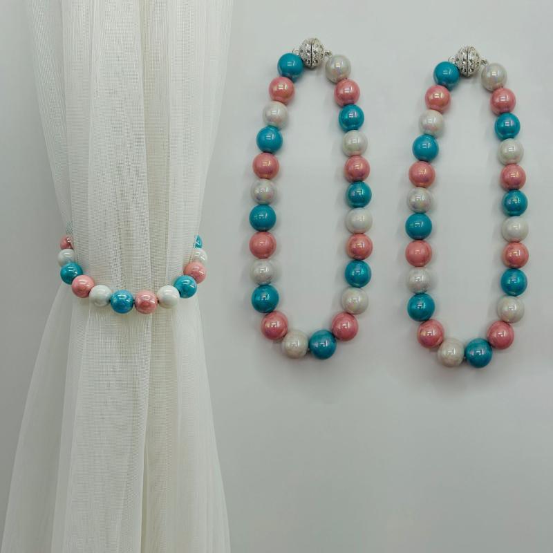 カーテンタッセル シンプルモダン マグネット式 ABSパール ロープタイプ 穴あけ不要 インテリア雑貨 おしゃれ 窓飾り 簡単設置 ディープピンク ピーコックブルー ブラック(x2)(3)