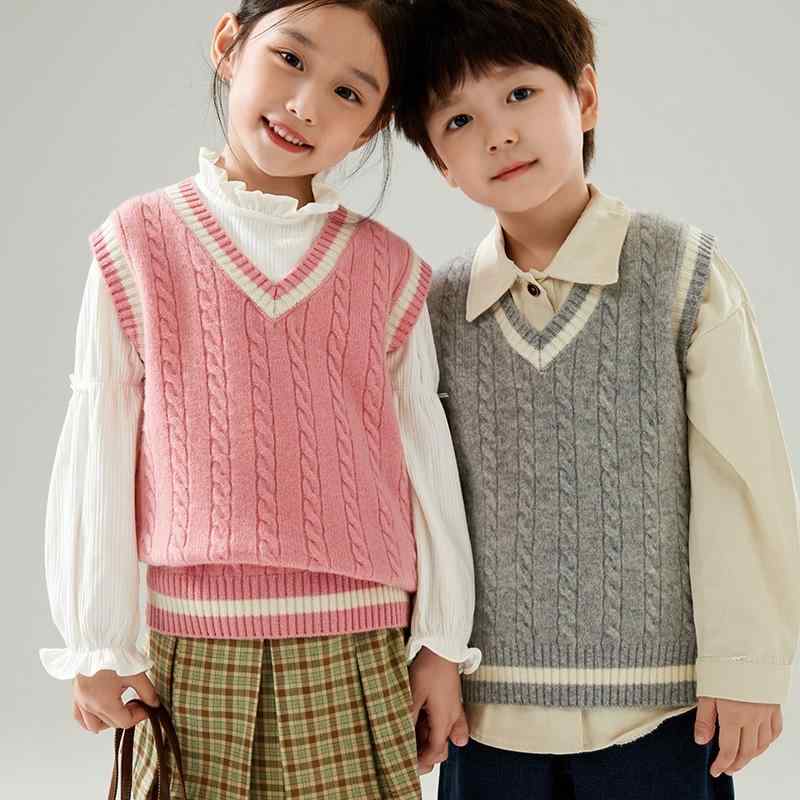 ベスト キッズ 男の子 女の子 子供用 ユニセックス ウール100% ニット 厚手 保温 あったか シンプル 無地 プルオーバー カジュアル 通学 普段使い 秋冬 ベージュ キャメル 水色 グレー ピンク