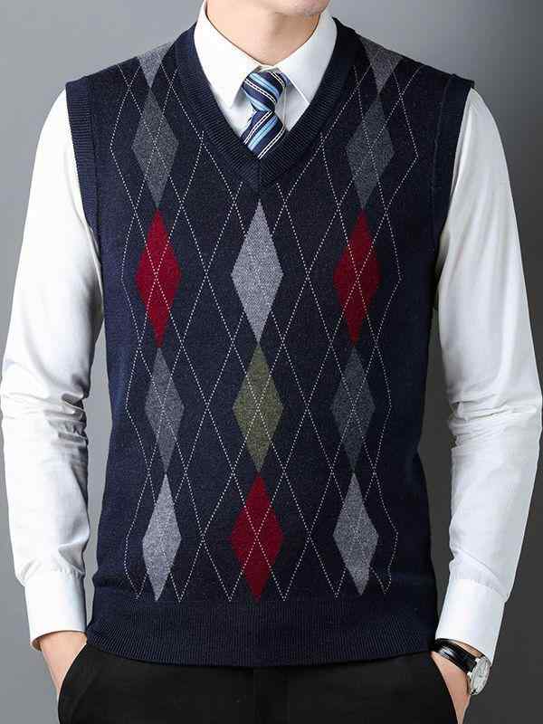 ベスト メンズ ニット ジレ 秋冬 切り替え バイカラー ゆったり アクリル混紡 厚手 ジルコニア柄 ビジネスカジュアル オフィス 大人 普段使い