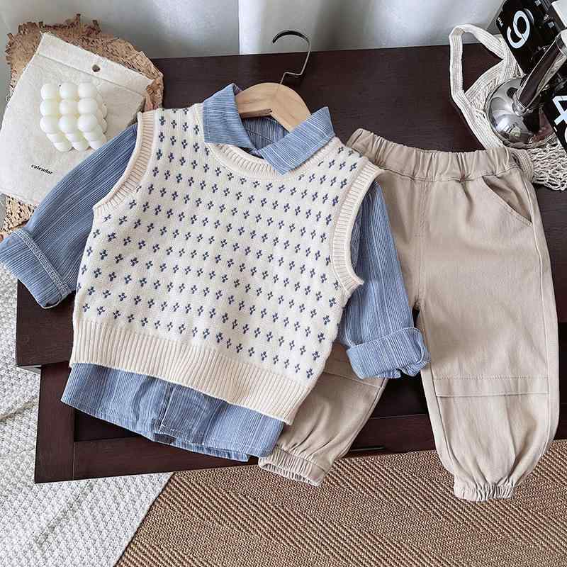 キッズ 男の子 ベビー 幼児服 セットアップ スリーピース アウター ジャケット ニット 菱形柄 ジルコニア柄 綿 コットン 薄手 長ズボン おしゃれ 韓国風 春秋 ブルー グレー 普段着 通園