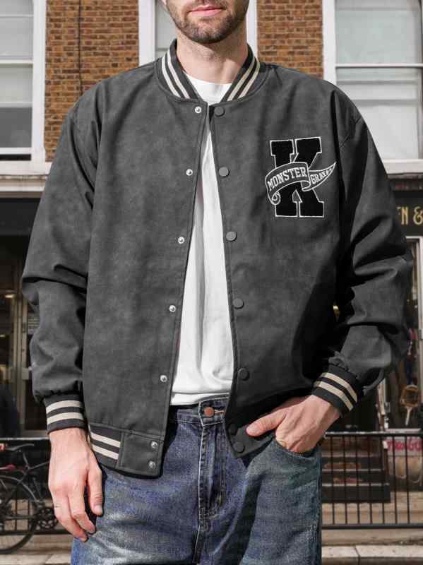 スタジャン メンズ 男性用 PUレザー ウォッシュ加工 刺繍 ビッグシルエット アメカジ レトロ 秋冬 ダークグレー 撥水 防風 耐摩耗性 スタンドカラー ポリエステル ミドル丈 オーバーサイズ