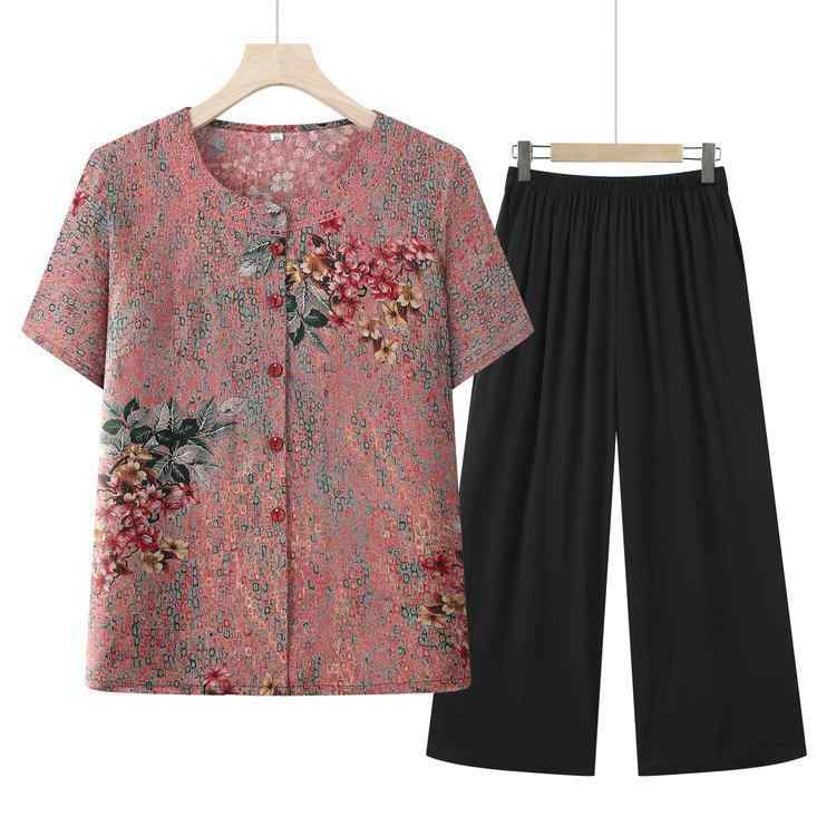 ルームウェア レディース シニア ママ 半袖 カーディガン 上下セット 花柄 再生繊維 レーヨン ゆったり 薄手 九分丈 部屋着 パジャマ 快適 春夏 レッド系 グリーン系