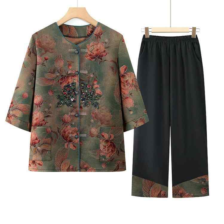 セットアップ レディース ミセス 婦人服 夏 シフォン 七分袖 ブラウス トップス 中華風 ツーピース 綿混 薄手 ゆったり カジュアル