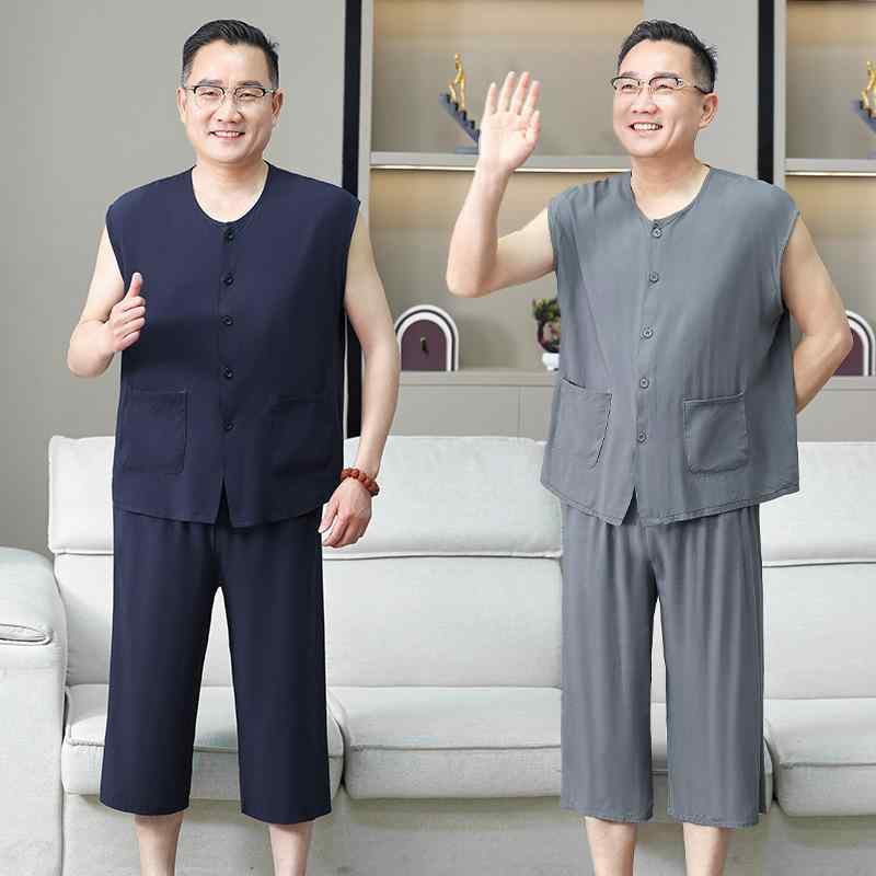 パジャマ メンズ シニア 男性用 夏用 レーヨン セットアップ 開襟 ノースリーブ 薄手 快適 ルームウェア 部屋着 普段使い 通気性抜群 七分丈パンツ