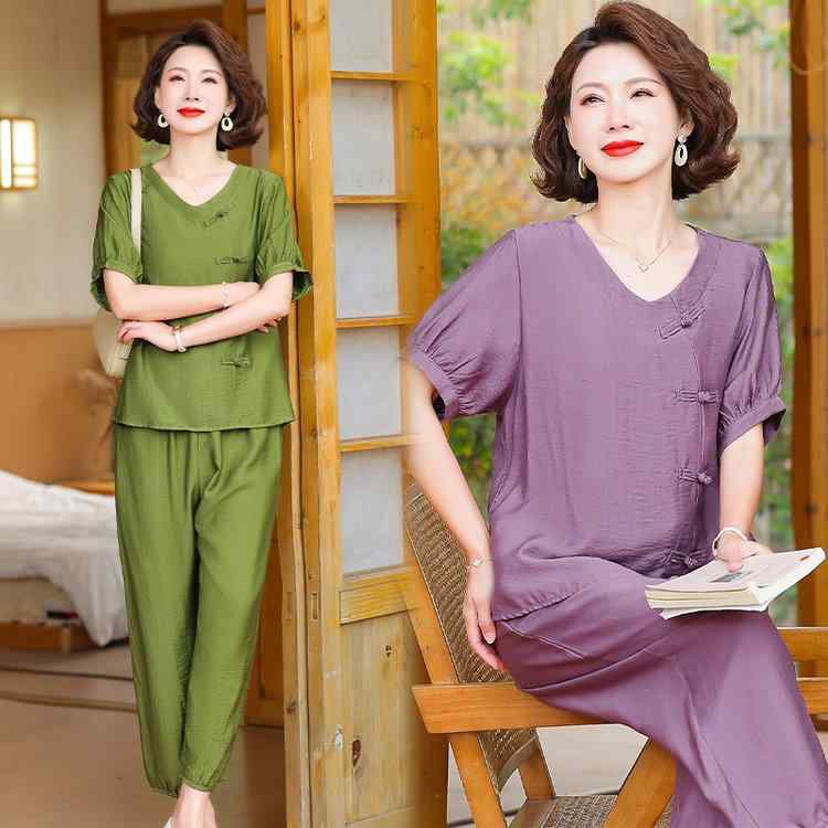 カジュアル セットアップ レディース ママ ミセス 春夏 テンセル 綿麻混 ジャガード織り ゆったり ルーズフィット 体型カバー 九分丈パンツ 上下セット ツーピース 普段着 薄手