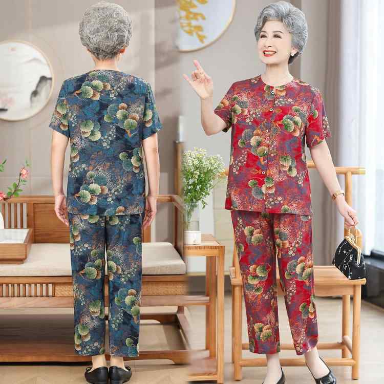 ルームウェア レディース シニア 高齢者 半袖 上下セット 夏物 前開き カーディガン 花柄 九分丈パンツ ゆったり 薄手 部屋着 普段使い 再生繊維(4)