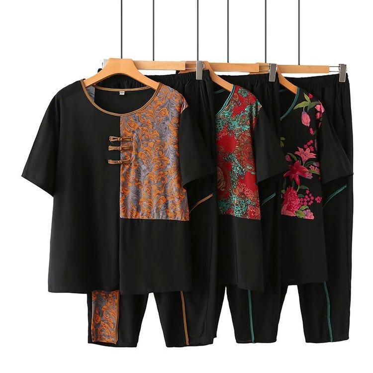 セットアップ レディース ミセス シニア向け 大きいサイズ カジュアル ツーピース 2点セット 夏 接触冷感 半袖 ゆったり 薄手 花柄 クロップドパンツ 9分丈 普段着 お出かけ 体型カバー リラックスウェア