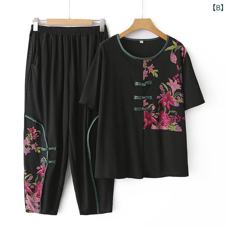 セットアップ レディース ミセス シニア向け 大きいサイズ カジュアル ツーピース 2点セット 夏 接触冷感 半袖 ゆったり 薄手 花柄 クロップドパンツ 9分丈 普段着 お出かけ 体型カバー リラックスウェア