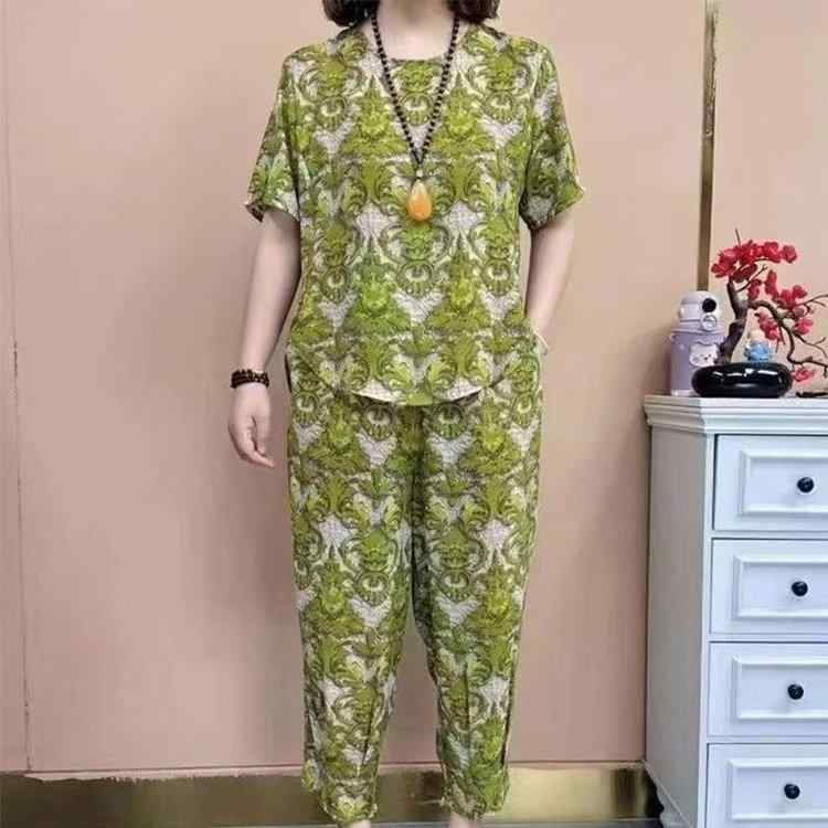 セットアップ レディース 中高年 ミセス 母親向け 春夏 接触冷感 半袖 Tシャツ シフォン トップス ゆったり 体型カバー 薄手 ポケット カジュアル 普段使い ブラック グリーン系