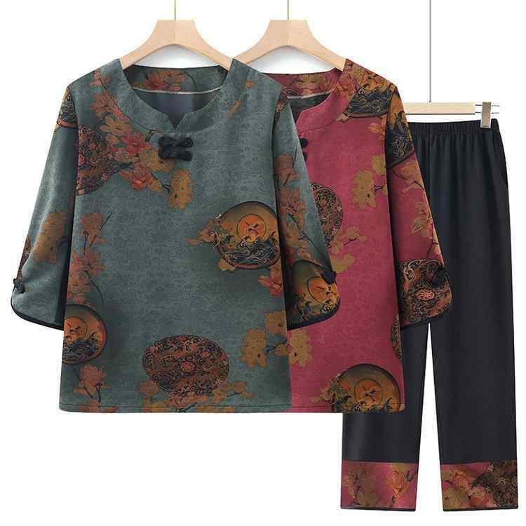 セットアップ レディース ミセス 中高年 祖母 おばあちゃん 七分袖 トップス Tシャツ ゆったり ズボン ワイドパンツ 花柄 シフォン素材 2点セット 春夏 普段使い ルームウェア お出かけ カジュアル 薄手 快適