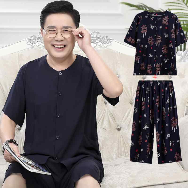 パジャマ メンズ 紳士 ルームウェア 開襟 半袖 薄手 再生繊維 レーヨン混 春夏 お父さん 中高年 部屋着 涼感 吸湿速乾 通気性 七分丈パンツ 上下セット