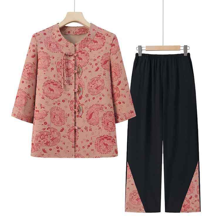セットアップ レディース シニア 母親向け ミセス 70代 祖母 春夏 七分袖 シャツ 上下セット 花柄 薄手 軽量 ゆったり 体型カバー ポケット付き 前開き 綿混 九分丈パンツ カジュアル 普段着 お出かけ リラックスウェア