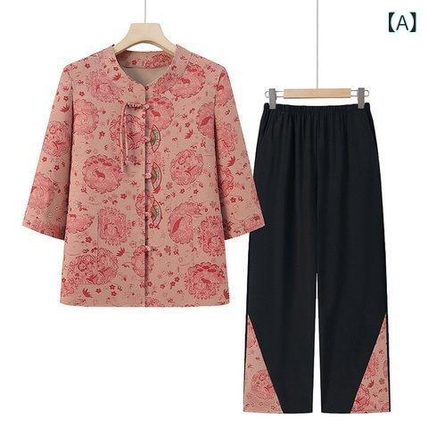 セットアップ レディース シニア 母親向け ミセス 70代 祖母 春夏 七分袖 シャツ 上下セット 花柄 薄手 軽量 ゆったり 体型カバー ポケット付き 前開き 綿混 九分丈パンツ カジュアル 普段着 お出かけ リラックスウェア