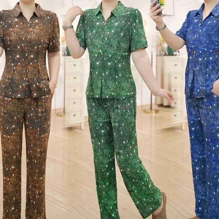 セットアップ レディース ミセス 接触冷感 薄手 半袖 襟付き トップス 九分丈 パンツ 小柄向け きれいめ カジュアル ゆったり 体型カバー ポケット付き 綿混 夏