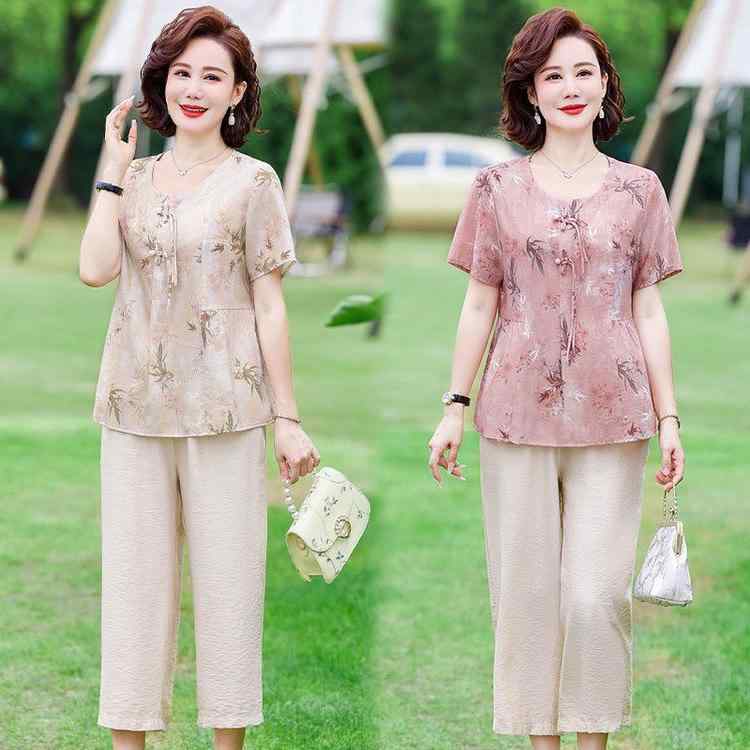 セットアップ レディース ミセス 中高年 女性向け 春夏 半袖 花柄 プリント ゆったり ルーズシルエット 七分丈パンツ 上下 2点セット 切り替え おしゃれ 上品 エレガント ポリエステル 普段使い お出かけ リラックスウェア