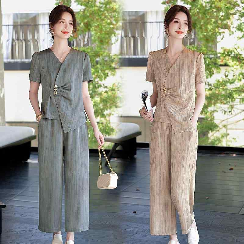 セットアップ ミセス レディース 新チャイナスタイル 半袖トップス ワイドパンツ ツーピース 上品 エレガント 着痩せ スタイルアップ ゆったり ポリエステル素材 春夏 シャンパン グレー 普段使い お出かけ