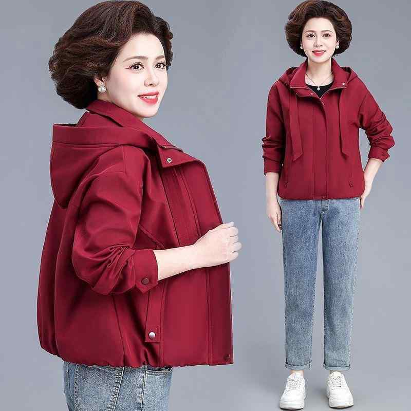 アウター レディース ミセス 中高年向け 低身長 春秋 スプリングコート フード付きジャケット ブルゾン ゆったり オーバーサイズ 大きいサイズ対応 上着 カジュアル 普段使い お出かけ ポリエステル 長袖 ジップアップ 赤 黒 ブラウン