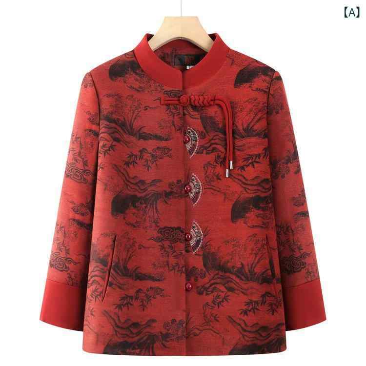 アウター レディース 中高年 母親世代 春 チャイナジャケット エレガント 上品 薄手 花柄 刺繡 綿混 ポ..