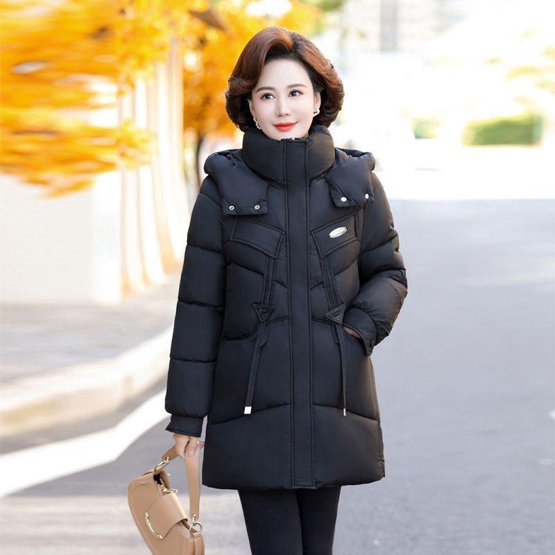 中綿コート レディース ミドル丈 アウター フード付き 厚手 保温 中綿ジャケット 秋冬 防寒着 カジュアル 通勤 長袖 無地 ジップアップ スリム きれいめ 普段使い