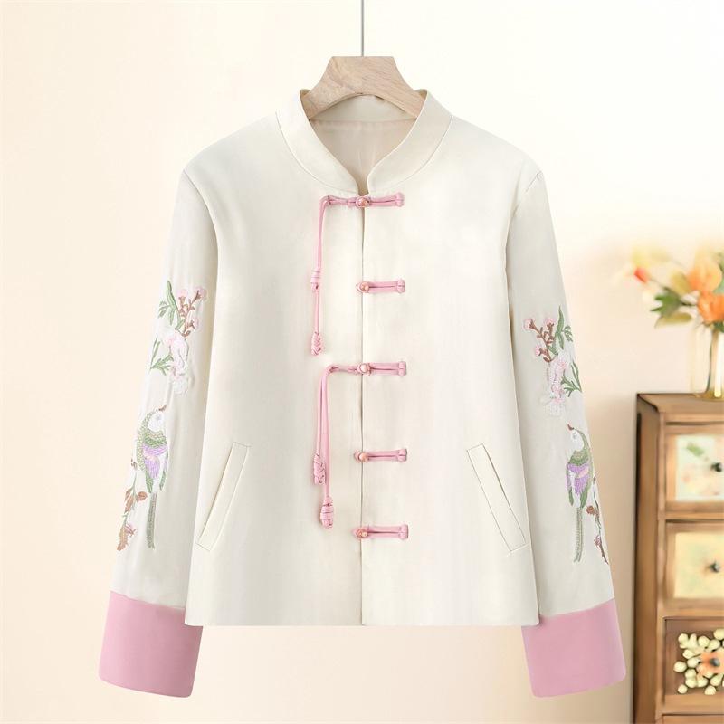 ジャケット レディース チャイナ風 レトロ チャイナボタン 飾りボタン 刺繍 ショート丈 ゆったりシルエット 長袖 ハイネック 上品 エレガント アウター 羽織り ポリエステル素材 春秋