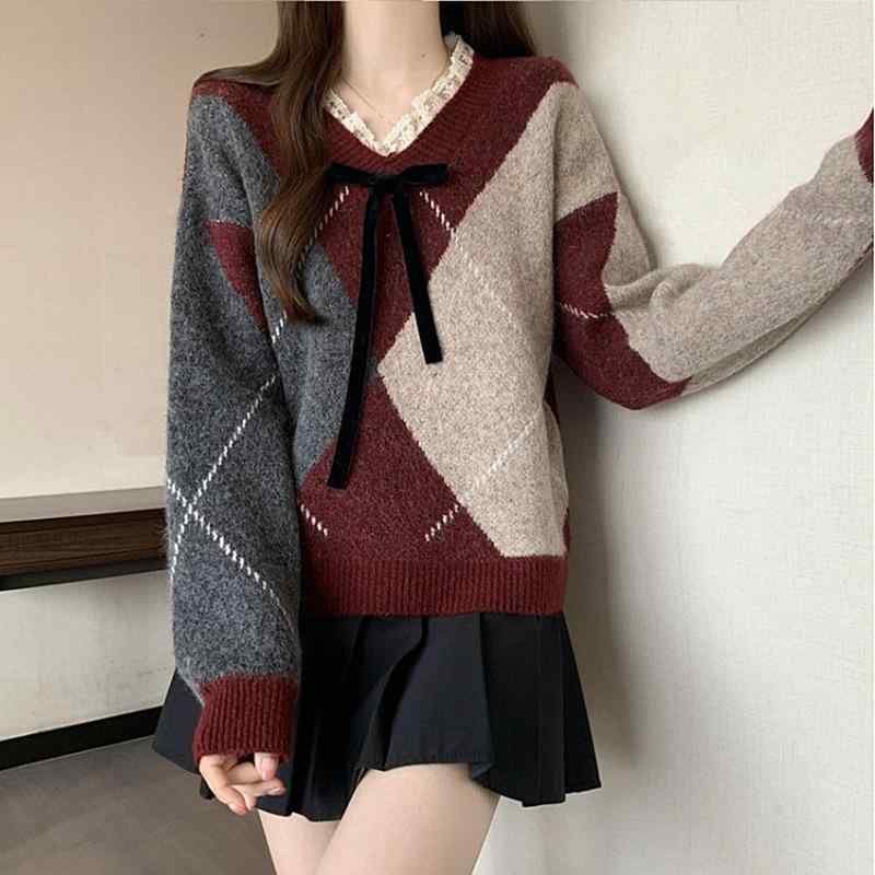 ニット レディース アルパカ混 厚手 レトロ ヴィンテージ レース Vネック ひし形柄 デザイン ゆったり オーバーサイズ プルオーバー 長袖 切り替え トップス 秋冬