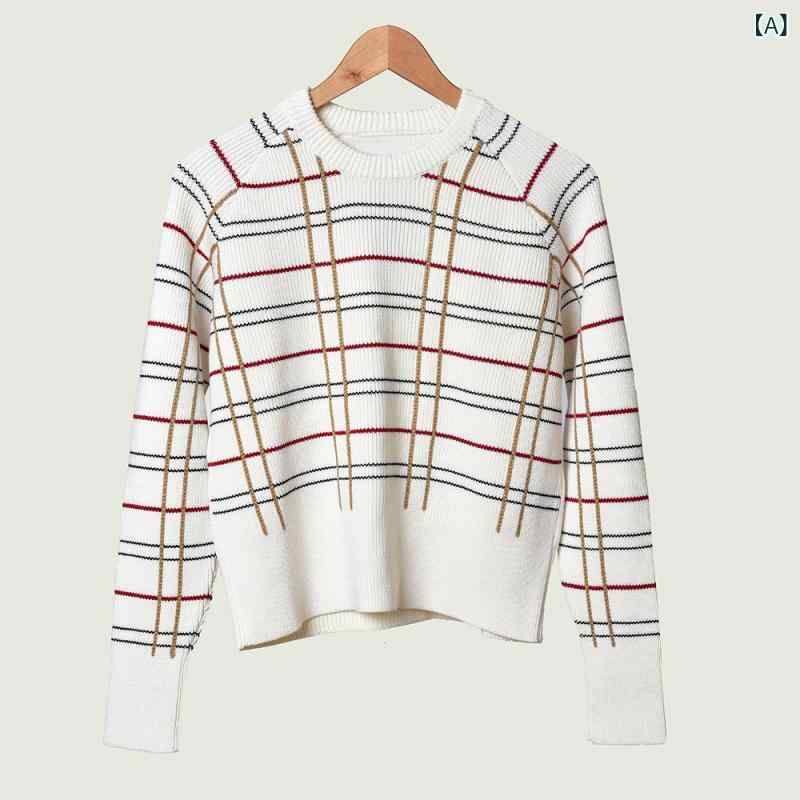 ニット レディース 秋冬 シンプル カジュアル ゆったり ルーズフィット ラウンドネック チェック柄 格子柄 ジャガード織り 羊毛 ウール 長袖 セーター ホワイト 白 通勤 オフィス 普段使い