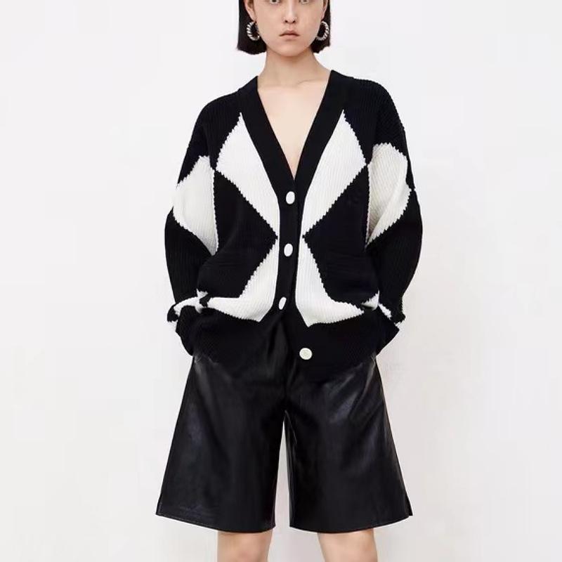 ニット レディース カーディガン 羽織り 秋冬 アーガイル柄 ウール Vネック 長袖 ゆったり 大きいサイズ リラックス カジュアルスタイル 黒 通勤