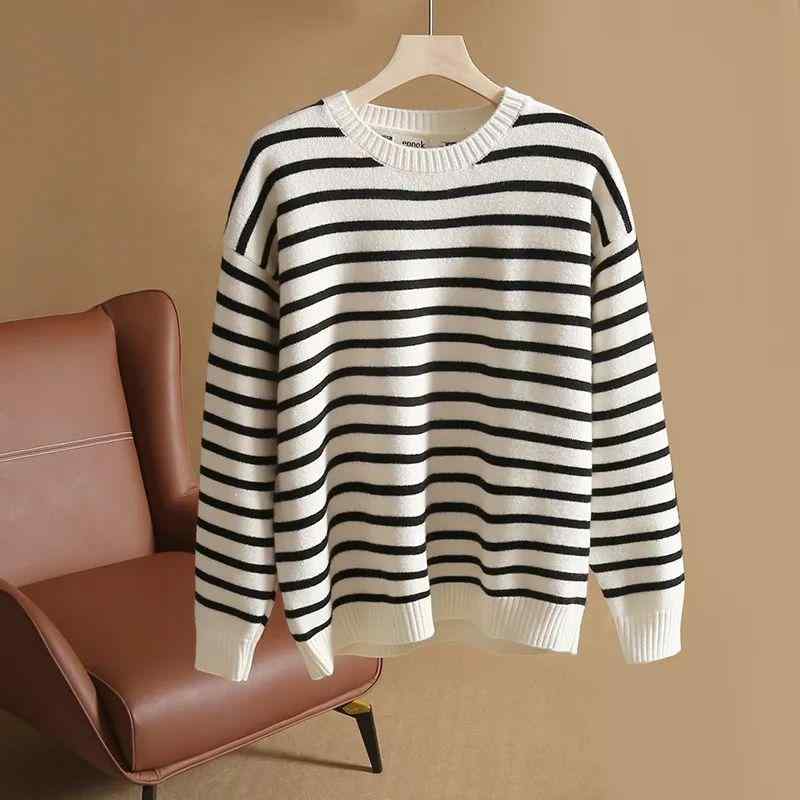 ニット 男女兼用 ジャガード織り ストライプ ボーダー柄 オーバーサイズ プルオーバー クルーネック 長袖 やわらか 厚手 綿 ポリエステル ウール混 秋冬 モノトーン 通勤 オフィス カジュアル