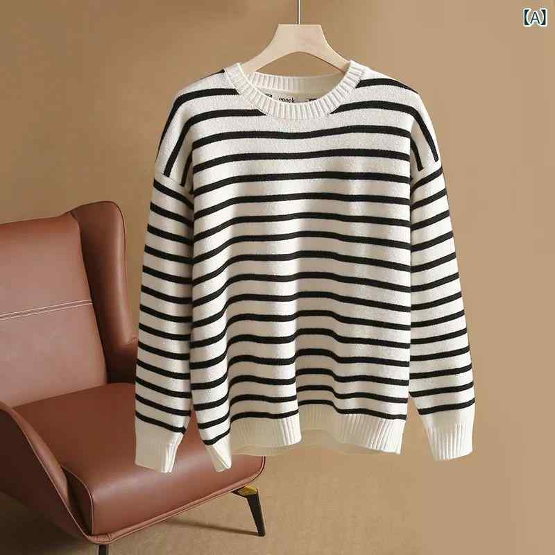ニット 男女兼用 ジャガード織り ストライプ ボーダー柄 オーバーサイズ プルオーバー クルーネック 長袖 やわらか 厚手 綿 ポリエステル ウール混 秋冬 モノトーン 通勤 オフィス カジュアル